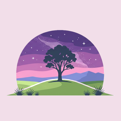 A lone tree on a grassy hill under a purple night sky